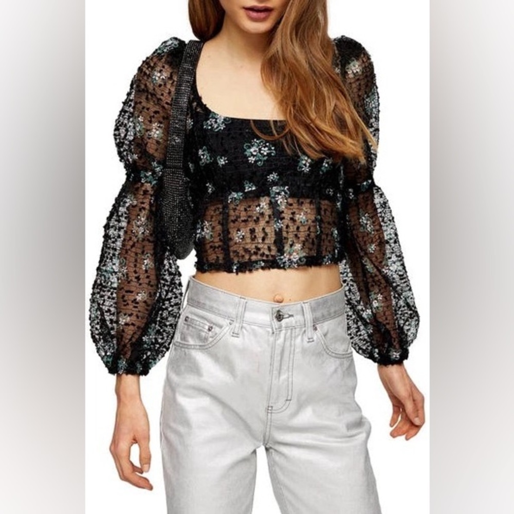 NWT TopShop Sheer Long Sleeve Floral with Sequins Corset Crop Top 8